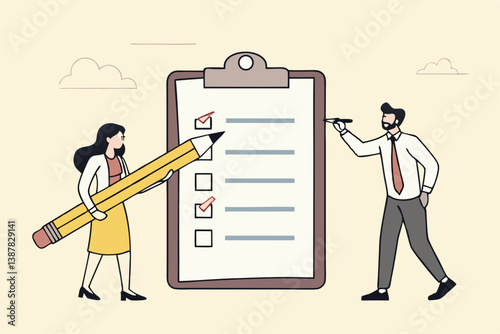 Task checklist, clipboard with to do list checkmark, task management to track work completion, accomplishment, survey or questionnaire concept, business people with pencil and checklist clipboard.