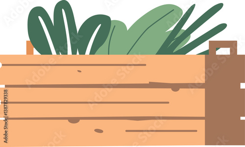 Wooden crate with green plants