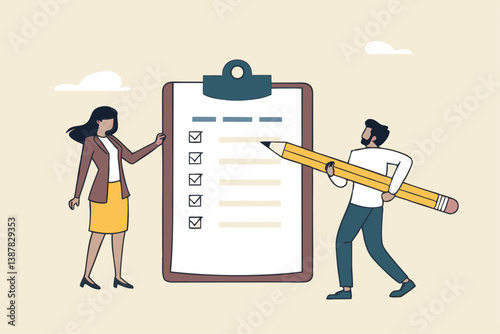 Task checklist, clipboard with to do list checkmark, task management to track work completion, accomplishment, survey or questionnaire concept, business people with pencil and checklist clipboard.