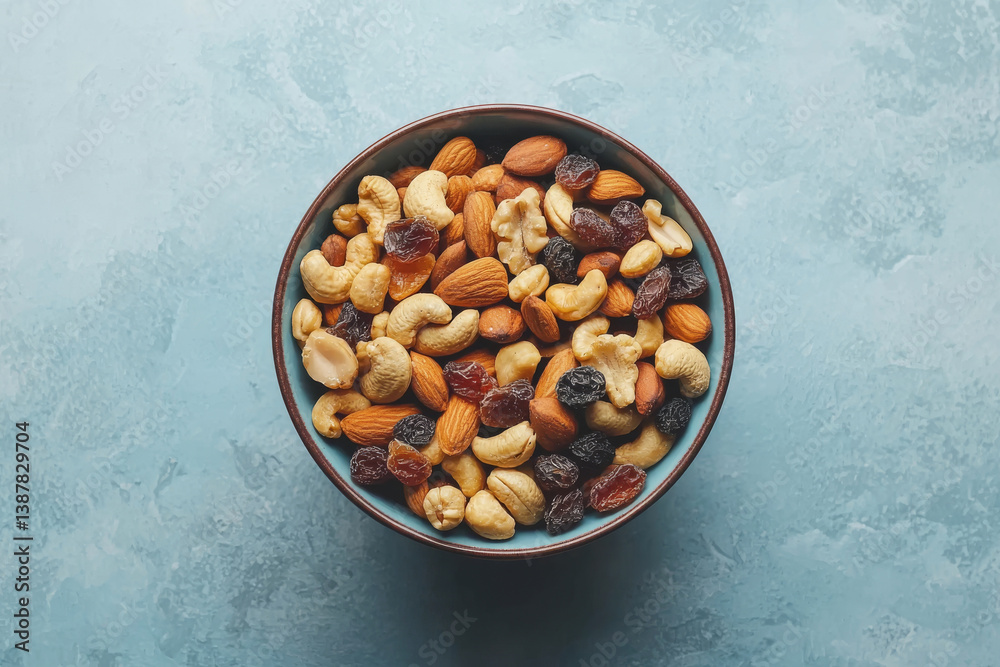 Top view of ceramic bowl filled with assorted nuts and dried fruits. Mixed almonds, cashews and raisins nuts on blue background. Healthy snack concept