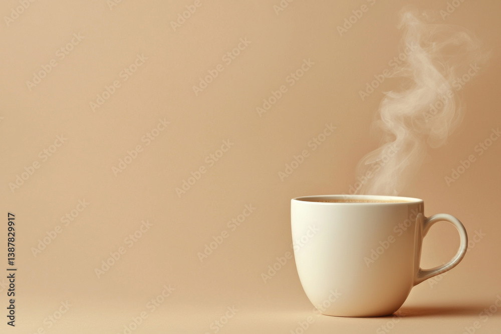Ceramic mug with hot steaming drink on neutral beige background. Minimalist coffee cup with rising steam