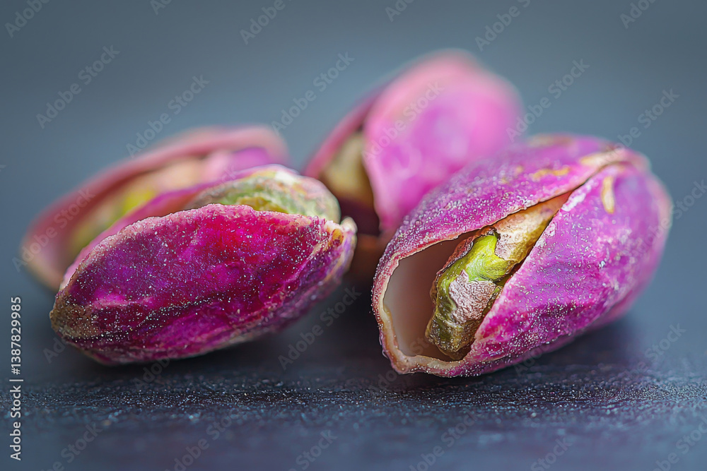 Macro photo of partially opened raw pistachios with vivid purple shells and green nuts on wooden surface