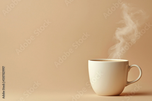 Obraz na płótnie Ceramic mug with hot steaming drink on neutral beige background. Minimalist coffee cup with rising steam w salonie