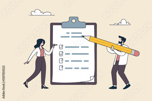 Task checklist, clipboard with to do list checkmark, task management to track work completion, accomplishment, survey or questionnaire concept, business people with pencil and checklist clipboard.