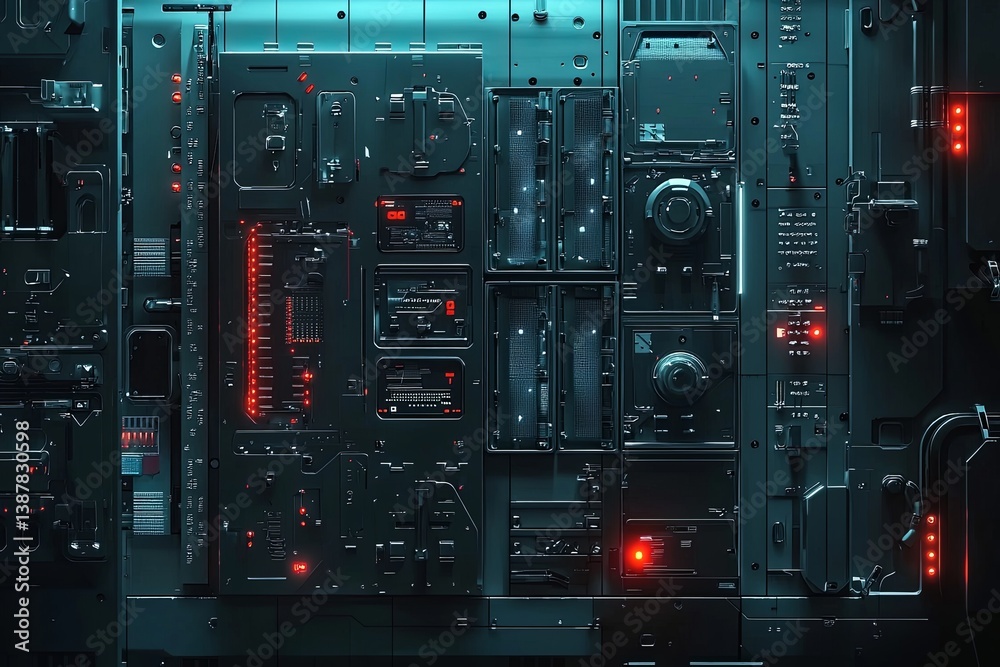 Futuristic Control Panel with Complex Interfaces, Illuminated Buttons and Digital Displays in Dark High-Tech Environment Futuristic Control Panel with Complex Interfaces, Illuminated Buttons and Digital Displays in Dark High-Tech Environment