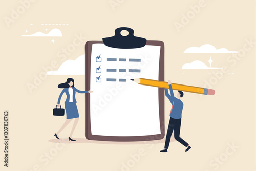 Task checklist, clipboard with to do list checkmark, task management to track work completion, accomplishment, survey or questionnaire concept, business people with pencil and checklist clipboard.