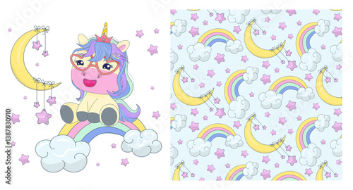 Vector illustration of a cute unicorn wearing glasses, sitting on a rainbow among clouds and stars, with a crescent moon in the background. Perfect for children s designs.