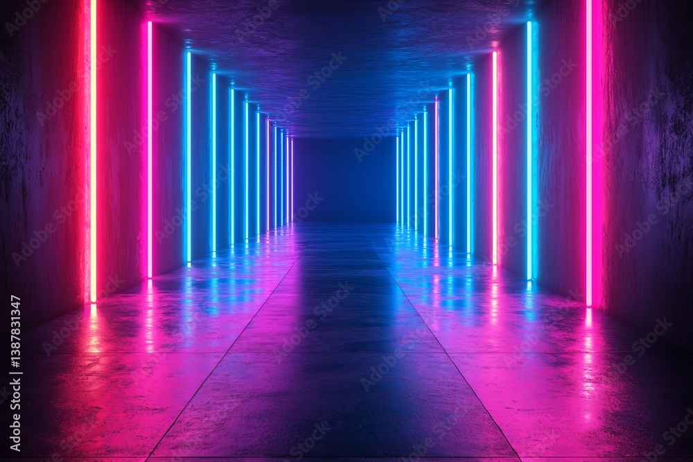 Futuristic corridor illuminated with vibrant neon lights in shades of pink and blue, creating an immersive and dynamic atmosphere for creative spaces Futuristic corridor illuminated with vibrant neon lights in shades of pink and blue, creating an immersive and dynamic atmosphere for creative spaces