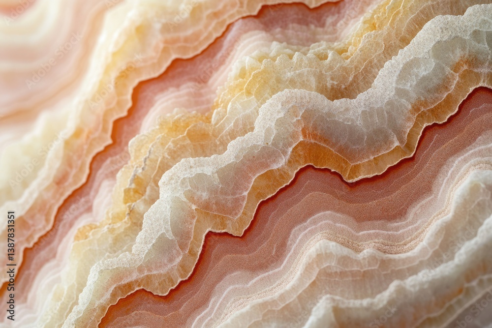 Close-up of layered onyx stone showing intricate, wavy patterns in peach, beige, and white hues. Close-up of layered onyx stone showing intricate, wavy patterns in peach, beige, and white hues.