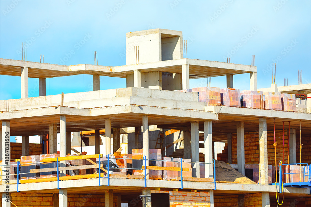 Urban development with multi-story building under construction, showasing concrete pillars and brickwork. Perfect for architecture and industry themes. Building skeletal with visible scaffolding