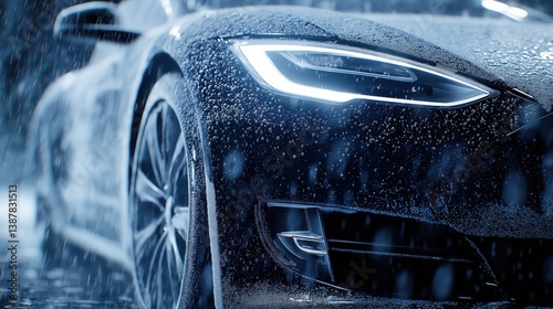 Luxury car in dramatic rain setting with illuminated headlights. Ideal for automotive, technology, and power themes.