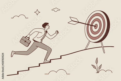 Step to reach goal, success or achieve business target, strategy plan to improve and overcome challenge, progress or aiming to win concept, businessman archery run on stair case arrow to reach goal.