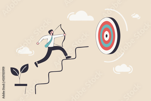 Step to reach goal, success or achieve business target, strategy plan to improve and overcome challenge, progress or aiming to win concept, businessman archery run on stair case arrow to reach goal.