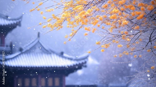 Serene winter scene with falling snow and East Asian building. Ideal for seasonal, travel, or cultural themes.