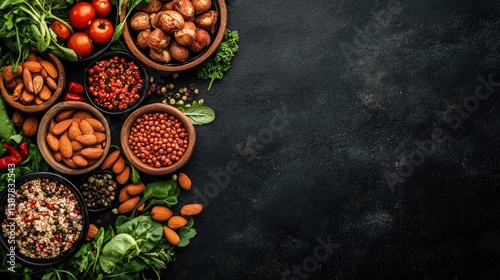 Assorted healthy ingredients arranged on dark surface