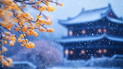 Serene winter scene with falling snow and East Asian building. Ideal for seasonal, travel, or cultural themes.