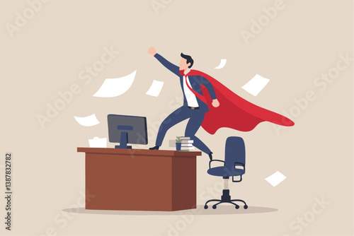 Effective work, productive office effort or efficiency, motivation to finish task or accomplishment, solution idea, performance or challenge concept, businessman superhero finish work on office desk.
