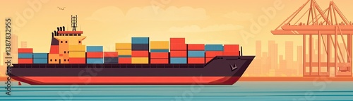 Cargo ship unloading containers at port marine industry digital illustration sunset view transportation concept