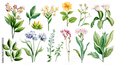 Digital stickers of pastel-colored flowers and leaves, vintage labels with white borders