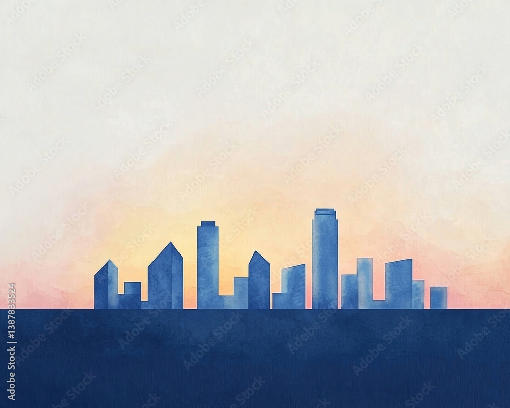 Naklejka premium A minimalist city skyline silhouetted against a pastel sunset, blending shades of blue and orange for a serene atmosphere.