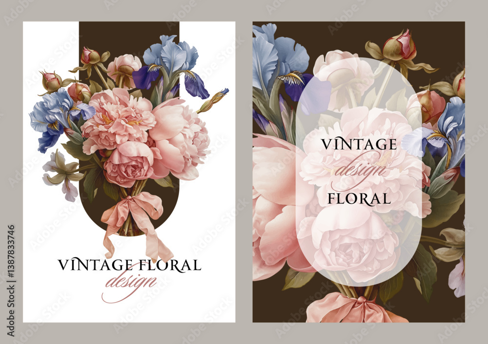 Vintage vector illustration with peony and iris flowers on a changeable background. Floral design template for wedding invitation, greeting card, notebook cover, flyer or banner.