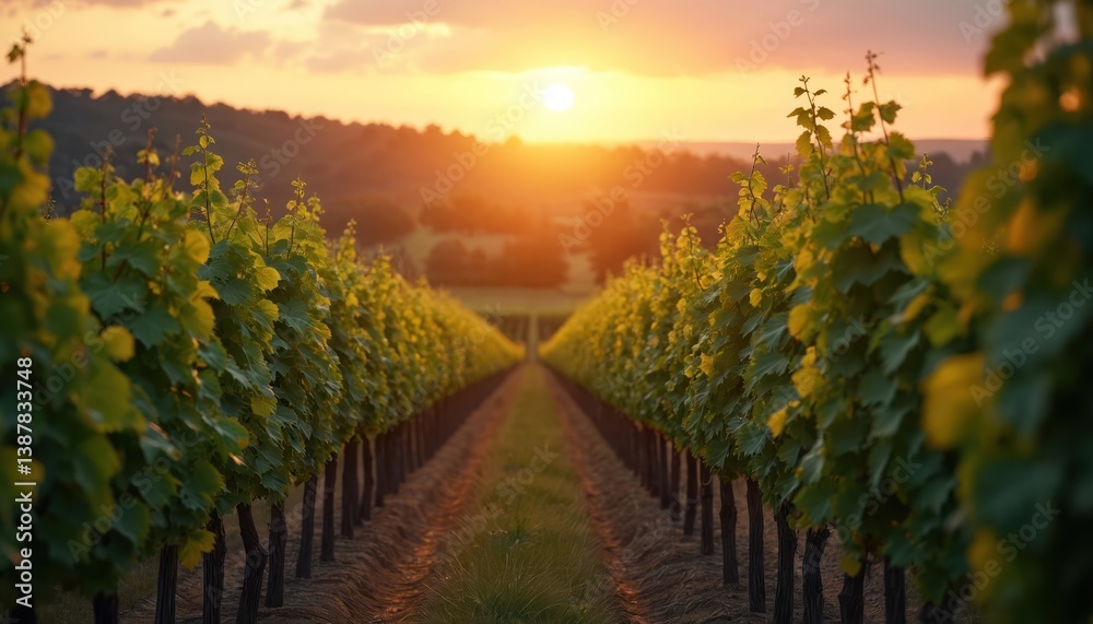 Fototapeta premium Scenic vineyard at sunset. Golden hour sunlight over grapevines in wine country. Agriculture viticulture farming cultivation in rural landscape. Perfect for wine tourism eco business.
