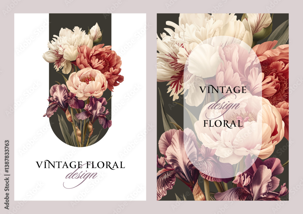 Vintage vector illustration with peony and iris flowers on a changeable background. Floral design template for wedding invitation, greeting card, notebook cover, flyer or banner.