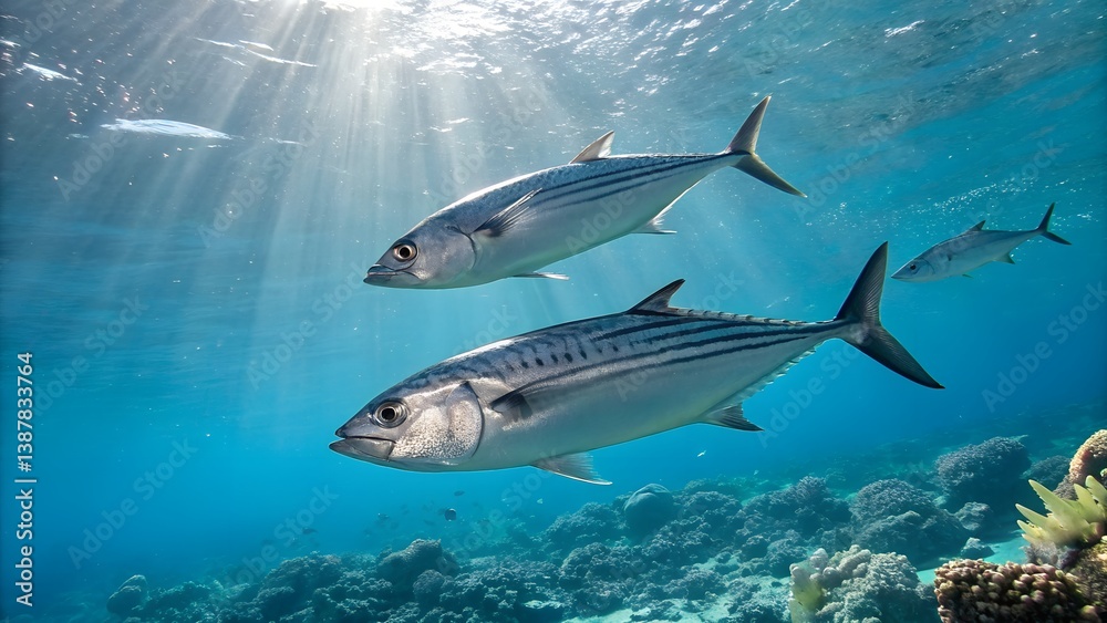 Fototapeta premium A high-resolution shot of tuna swimming over coral reefs, with sunlight filtering through the water.. Fish Atlantic bonito on white background.