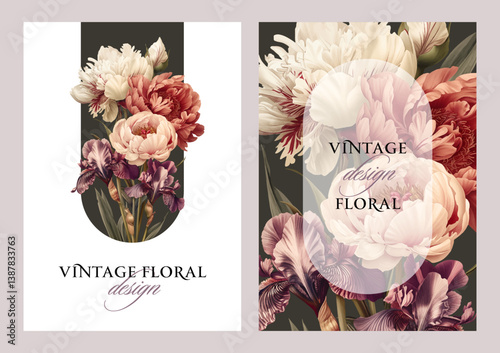 Obraz na płótnie Vintage vector illustration with peony and iris flowers on a changeable background. Floral design template for wedding invitation, greeting card, notebook cover, flyer or banner. w salonie