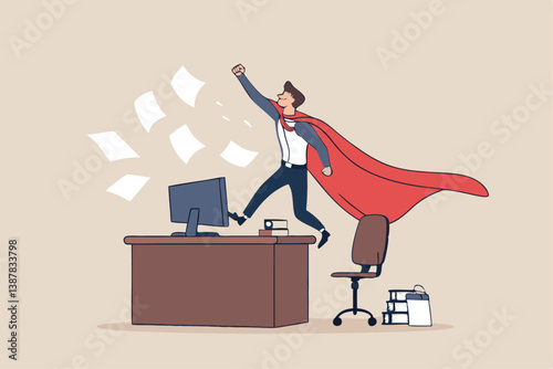 Effective work, productive office effort or efficiency, motivation to finish task or accomplishment, solution idea, performance or challenge concept, businessman superhero finish work on office desk.