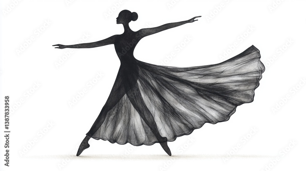 Obraz premium A silhouette of a graceful dancer in a flowing dress, capturing movement and elegance in a striking black and white composition.