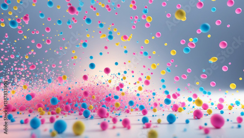 A vibrant artwork showcases a multitude of colorful spheres floating in an artistic, abstract scene.