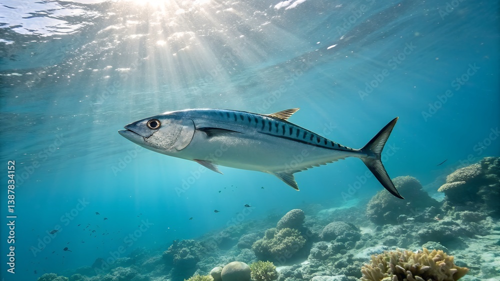 Fototapeta premium A high-resolution shot of tuna swimming over coral reefs, with sunlight filtering through the water.. Fish Atlantic bonito on white background.