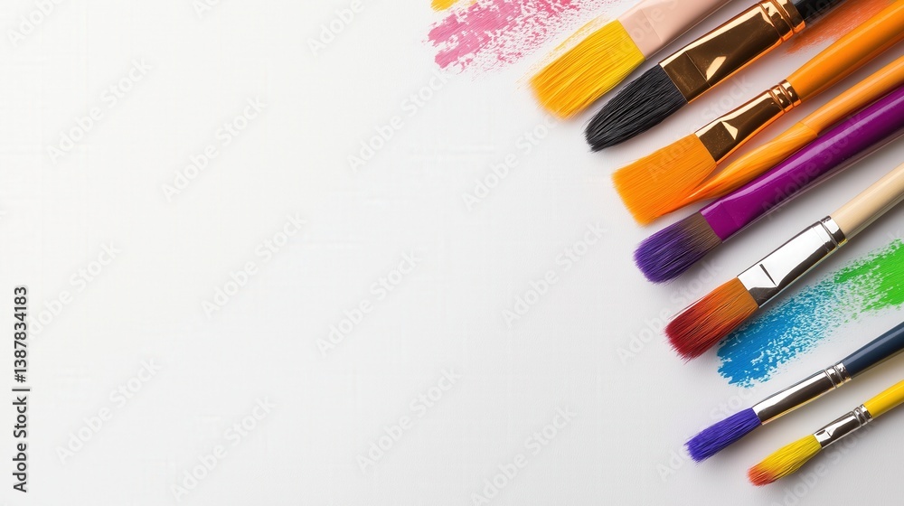 Fototapeta premium Variety of artistic paintbrushes with colorful swatches. Great for art, education, and creative project visuals.