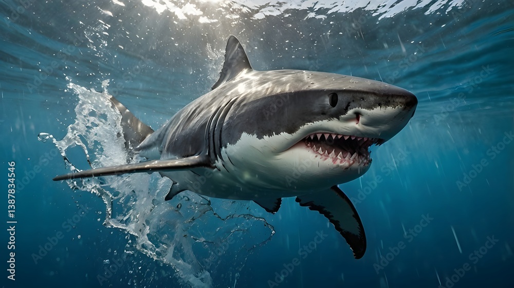 Fototapeta premium Realistic Great White Shark Emerging from Ocean with Water Droplets