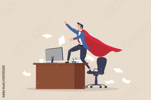 Effective work, productive office effort or efficiency, motivation to finish task or accomplishment, solution idea, performance or challenge concept, businessman superhero finish work on office desk.