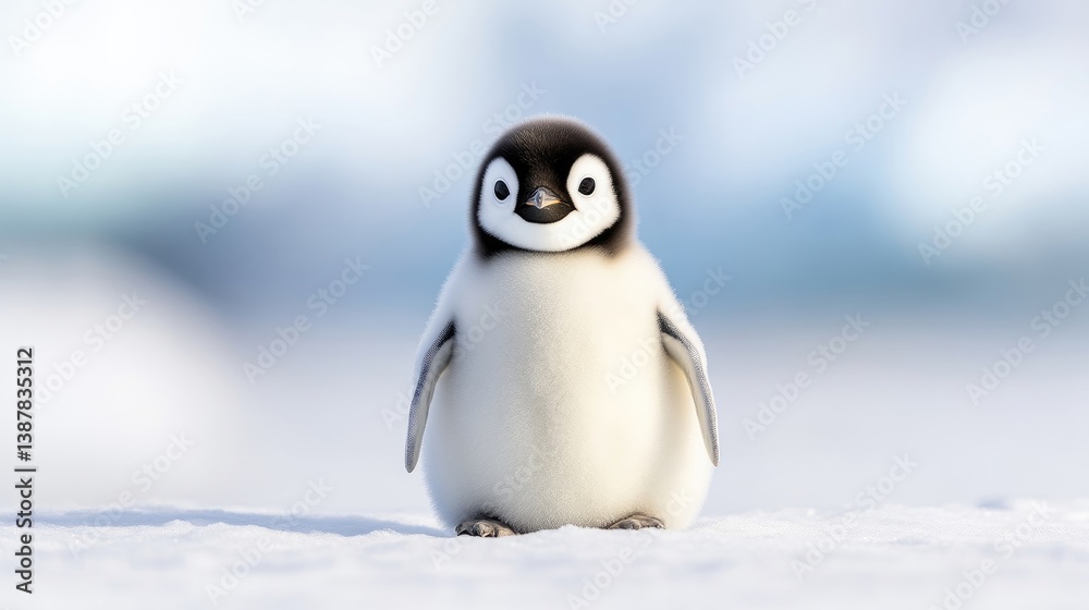 Fototapeta premium Emperor Penguin Chick on Snow Cute Wildlife Style High-resolution Focus Portrait Soft Fluff Standing Antarctic Background Cool White Tones Wildlife Conservation Image