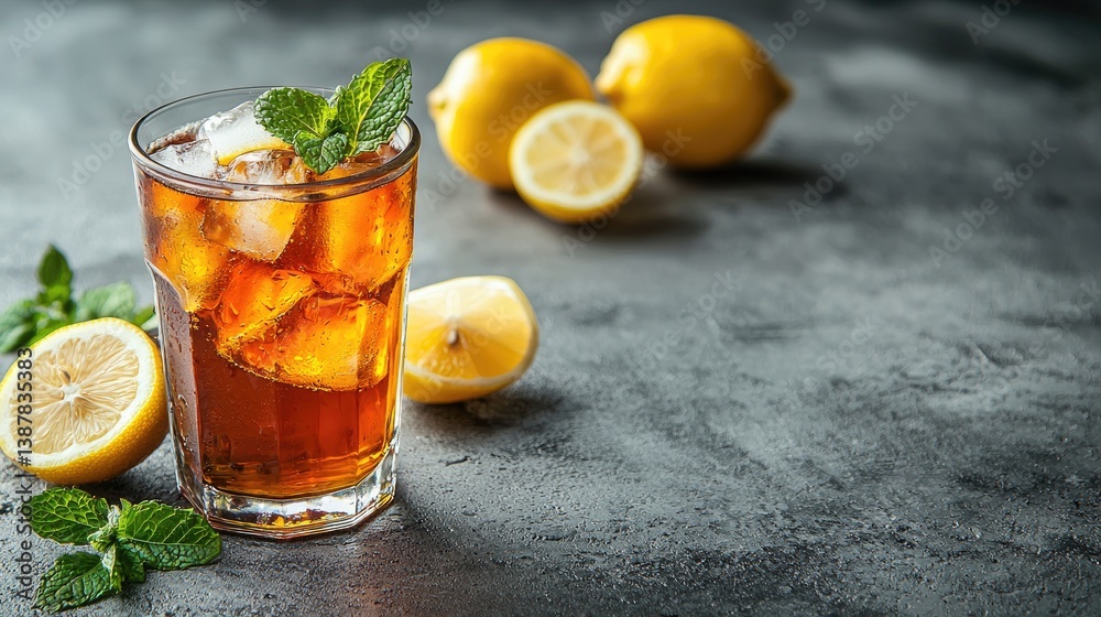 Glass of iced tea with lemon and mint on a dark textured surface, surrounded by fresh lemons. Great for beverage ads, summer menus, and health-focused drink branding Glass of iced tea with lemon and mint on a dark textured surface, surrounded by fresh lemons. Great for beverage ads, summer menus, and health-focused drink branding