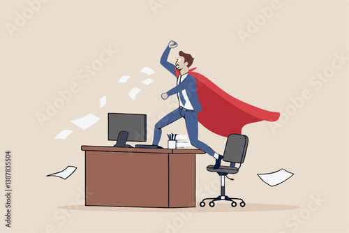 Effective work, productive office effort or efficiency, motivation to finish task or accomplishment, solution idea, performance or challenge concept, businessman superhero finish work on office desk.