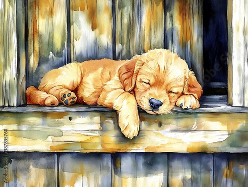Sleepy Puppy, Wooden Fence, Watercolor Art