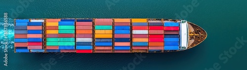 Container ship transporting colorful cargo ocean aerial view maritime environment global trade concept