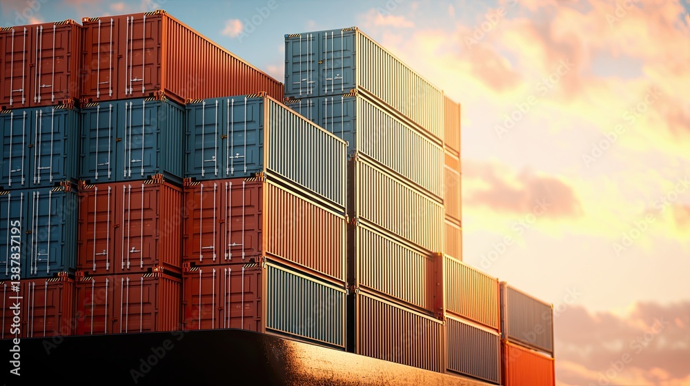 Fototapeta premium Container stacking action at shipping port cargo delivery industrial environment sunset viewpoint