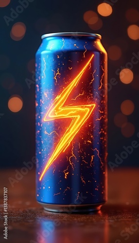 Vibrant energy drink can design with lightning patterns, blue and orange colors. Dynamic branding, bubble texture, carbonation, refreshment, for advertising marketing promotional campaign.