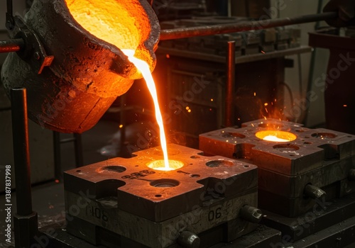 Obraz na płótnie Liquid metal being poured into mold. Metal casting for manufacturing. Molten gold process for metallurgy industry, engineering production, industrial equipment w salonie