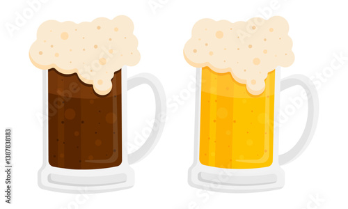 Set of beer mugs with foam. Light and dark beer vector illustration for pub menus, Oktoberfest, parties and beer festivals.