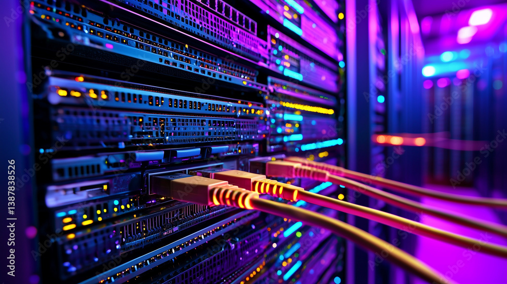 Fototapeta premium High-Tech Data Center Interior with Rack Servers and Networking Lines