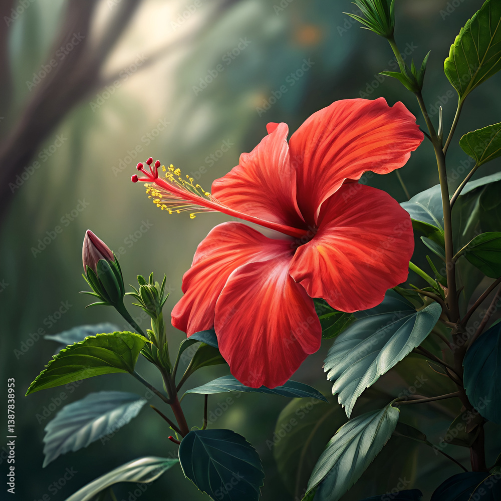 Fototapeta premium Vibrant Red Hibiscus Flower Close-Up Photo
