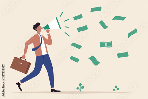 Referral marketing, investment or profit opportunity, salesman or marketing campaign promotion, financial announcement, advertising or savings concept, businessman talk on megaphone money banknotes.