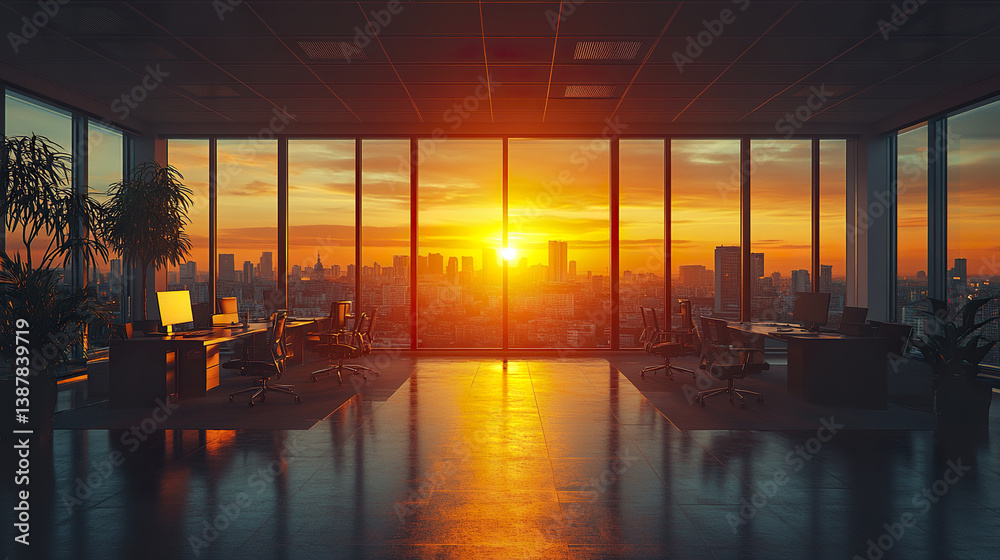 Obraz premium Corporate office with glowing windows and warm lighting at sunset