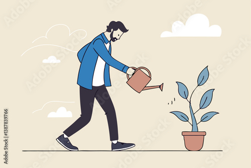 Career growth development, human resources motivate talent for job promotion, growing employee, improvement or manager support concept, businessman manager pouring water to growing employee seedling.